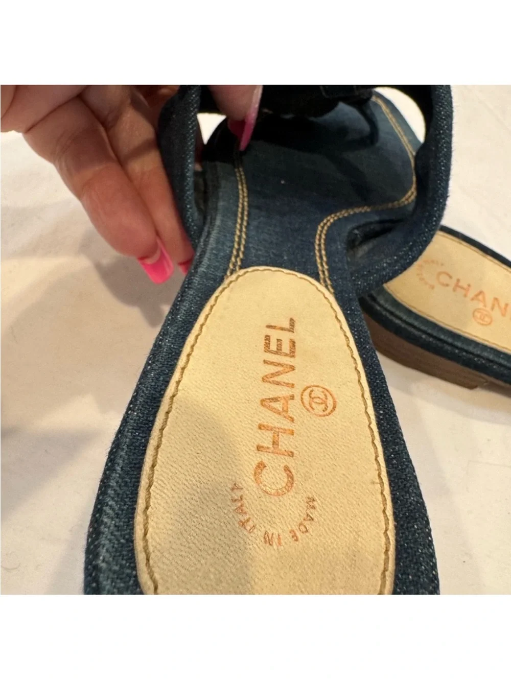 Authentic  CHANEL Dark Blue Denim Slide Sandals with Flower Design